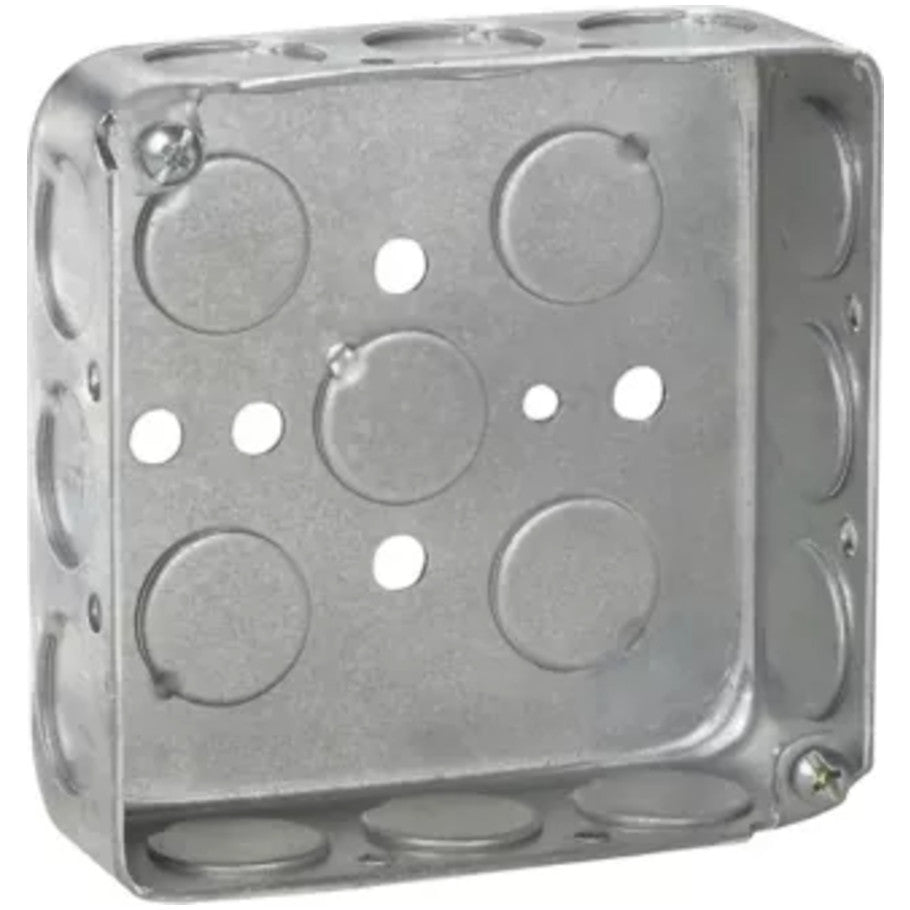 4 Square Box, Steel, Drawn, 1-1/4 in. D, (12) 1/2 in. Side KO, (5) 1/2 in. Bottom KO