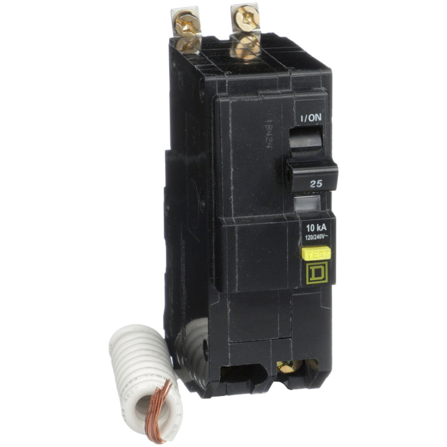 Mini circuit breaker, QO, 25A, 2 pole, 120/240VAC, 10kA, bolt on, 6mA grd fault A, pigtail  TAA