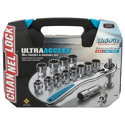 Pass-Thru Uni-Fit Socket Set, 16 Piece, 12 and 6 Point, Metric, SAE