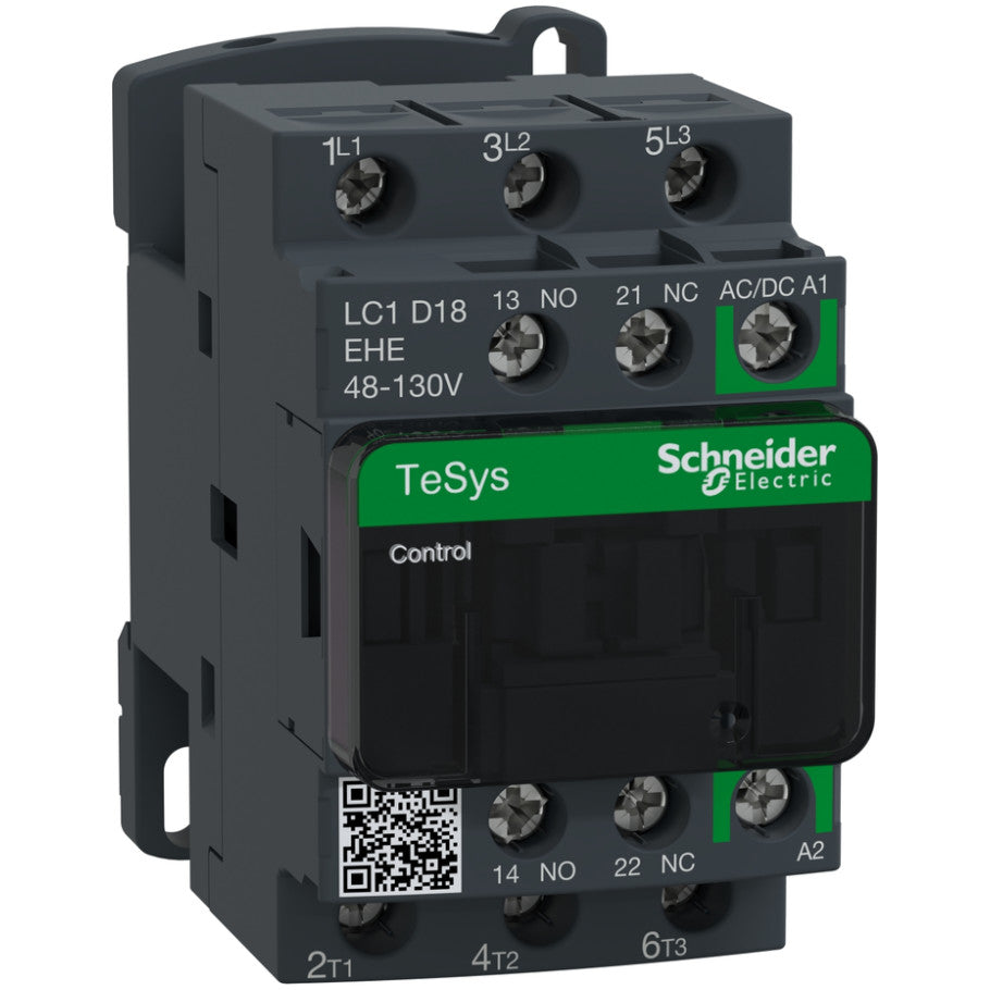 IEC Contactor, TeSys Deca Green, Nonreversing, 18A, 10HP at 480VAC, Up to 100kA SCCR, 3 Phase, 3 NO, 48/130VAC/VDC coil
