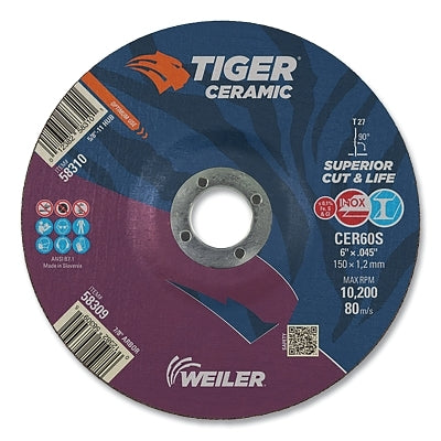 Tiger Ceramic Cutting Wheels, 6 in Dia, 0.045 in Thick, 7/8 in Arbor, 24/bx