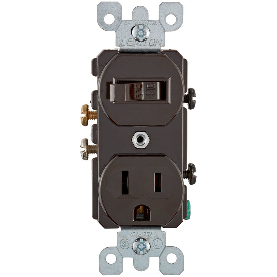 Thermoplastic Duplex Style Combination 15A 125V Single Receptacle and 15A 120V AC Switch, Brown