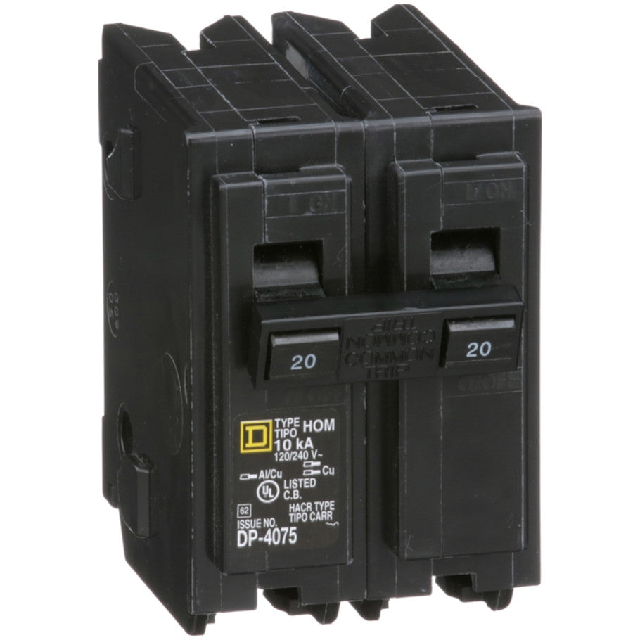 Homeline Circuit Breaker, Plug-In, 10kA, 120/240 Vac-Common Trip, 2-Pole, 20A