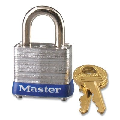 No. 7 Laminated Steel Padlock, 3/16 in dia, 1/2 in W x 9/16 in H Shackle, Silver/Blue, Keyed Alike, Keyed P102