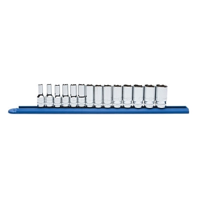Socket Set, 1/2 in Dr, 6-point, Metric, 12 mm to 24 mm, 13-Pc Standard Length, Incl Rail