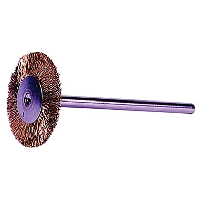 Miniature Stem-Mounted Wheel Brush, 3/4 in Dia., 0.005 in Brass Wire, 37,000 rpm