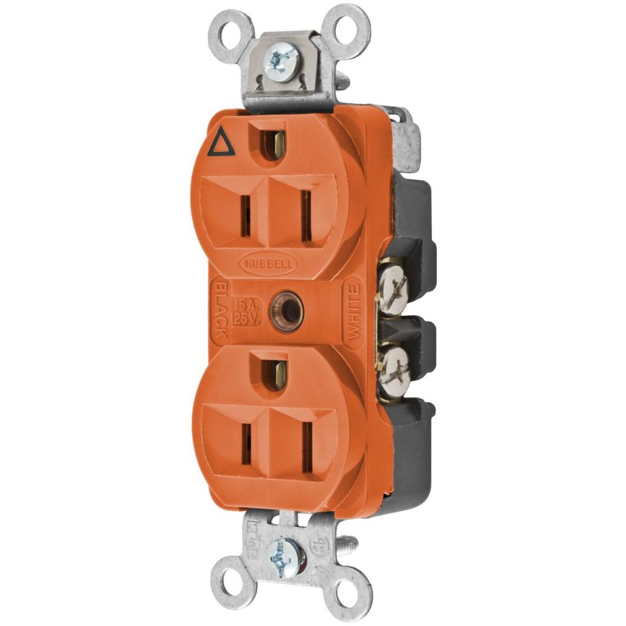 Hubbell-PRO Heavy Duty Specification Grade 15A 125V 2P3W NEMA 5-15R Isolated Ground Straight Blade Duplex Receptacle, Orange