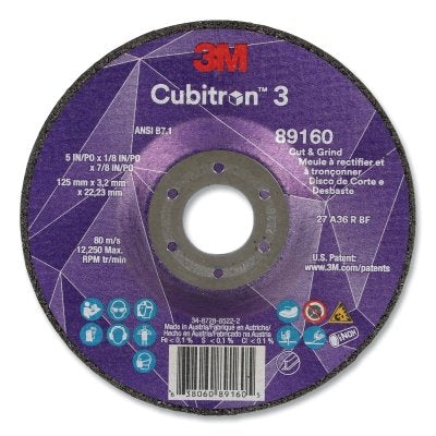 3M 638060-89160 Cubitron 3 Cut and Grind Wheel, 5 in dia x 1/8 in Thick x 7/8 in Arbor, 36+ Grit, T27