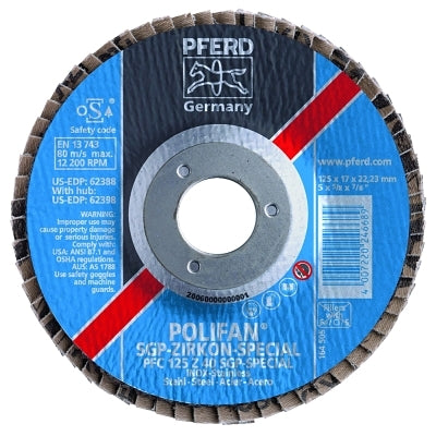 Type 29 POLIFAN SGP Flap Disc, 7 in dia, 40 Grit, 7/8 in dia Arbor, 8,600 RPM, Ceramic Oxide