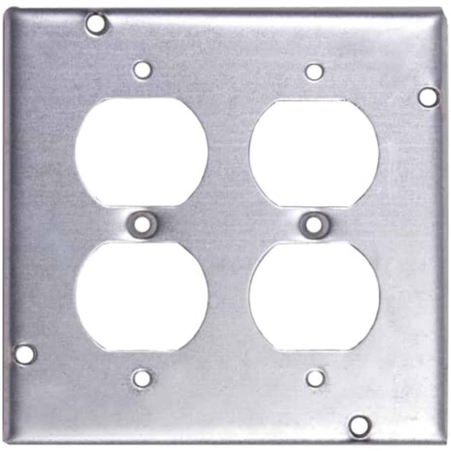 4-11/16 in. Square steel 1/2 raised surface cover for (2) duplex receptacles.