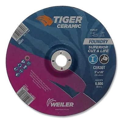 Tiger Grinding Wheel, Combo, 9 in dia x 1/8 in Thick x 7/8 in Arbor, 30 Grit, Ceramic Alumina, Type 27, 25 EA/BX