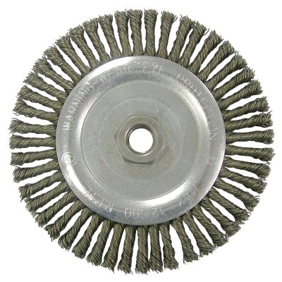 Wolverine Knot Wire Wheel, Stringer Bead Twist, 5 in dia x 3/16 in W Face, 5/8 in-11 UNC, 0.020 in SS Wire, 12500 RPM