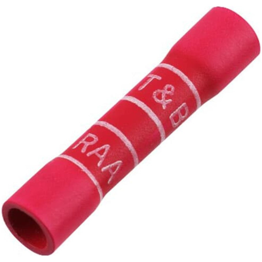 Expanded Vinyl-Insulated Butt Splice, Length 1.13 Inches, Width .25 In, Wire Range  22- 18 AWG, Color Red, Copper, Tin Plated