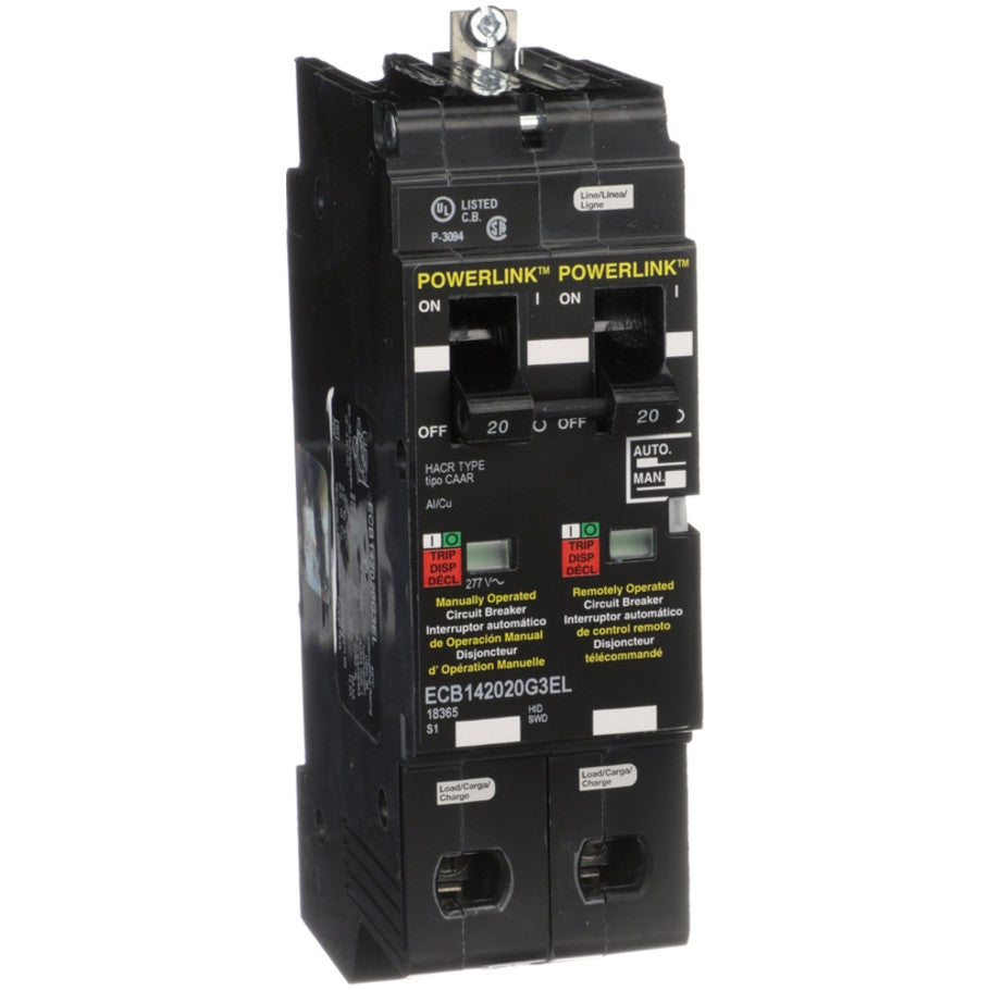 Circuit Breaker, PowerLink, 20A, 2 pole, 480Y/277VAC, 14kA, remotely operated, bolt on mount, emergency lighting,  TAA