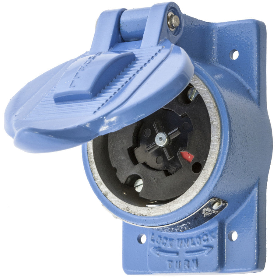 Hubbellock Receptacle, 30A, 600Vac, 20A 250Vdc, 4P5W, Safety Shutter, Aluminum Weatherproof Housing, Blue Finish