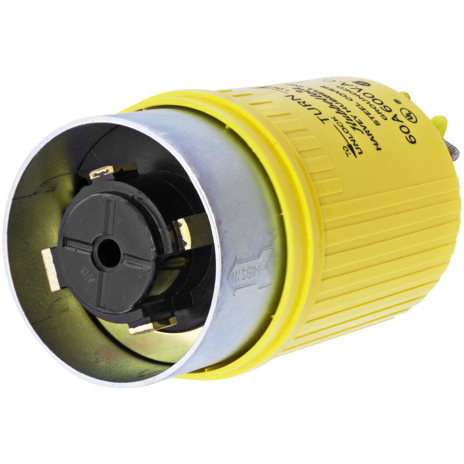 Hubbellock Locking Plug, 60A, 600V, 3P4W, Non-NEMA, Yellow