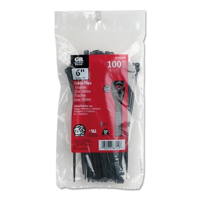 Standard Cable Ties, 30 lb Tensile Strength, 6 in L, Black, 100 EA/BG