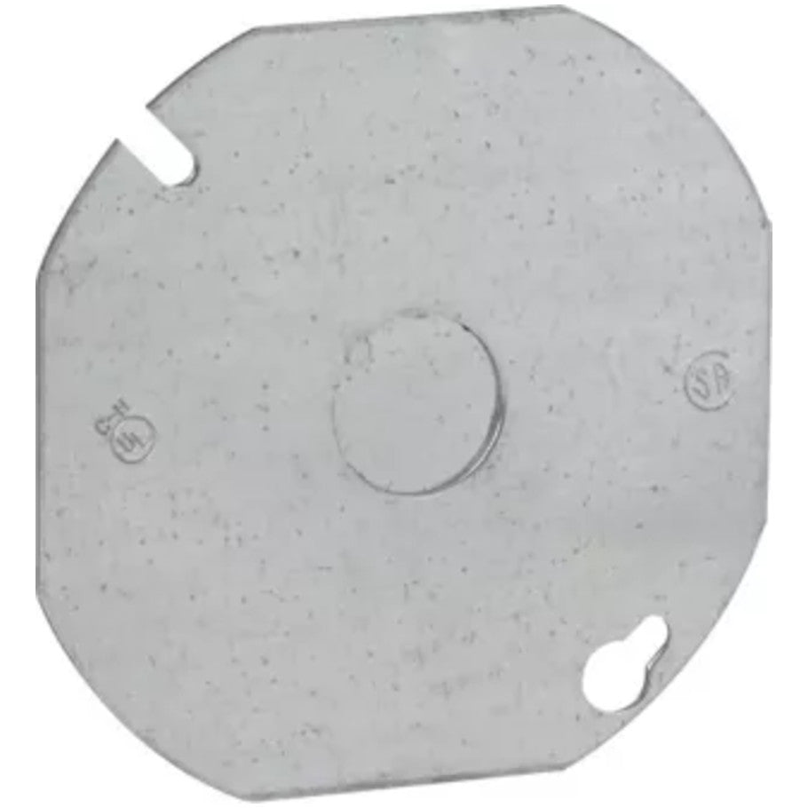 4 in. Octagon Box Cover, Steel, Flat, (1) 1/2 in. KO, Octagon Shape