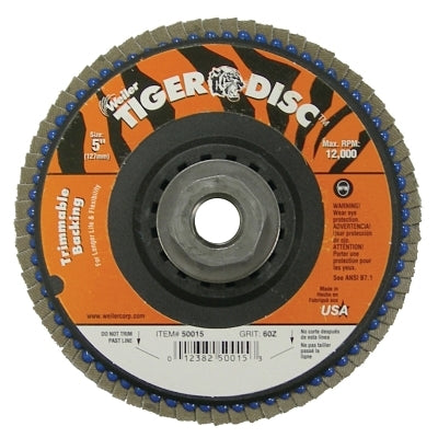 Trimmable Tiger Flap Discs, 5 in, 60 Grit, 5/8 Arbor, 12,000 rpm