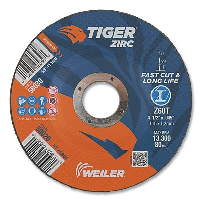 Tiger Zirc Cutting Wheel, 4-1/2 in dia, 0.045 in Thick, 7/8 in Arbor, Zirconia Alumina, Type 27, Z60T