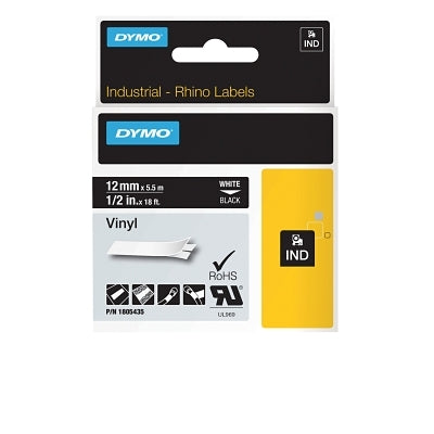 Industrial Rhino Vinyl Label Cartridge, 3/4 in W x 18 ft L, White Print on Black Background