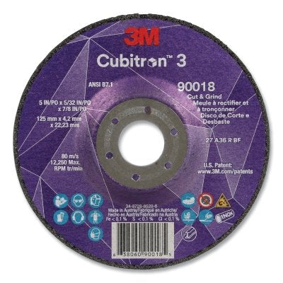 3M 638060-90018 Cubitron 3 Cut and Grind Wheel, 5 in dia x 5/32 in Thick x 7/8 in Arbor, 36+ Grit, T27