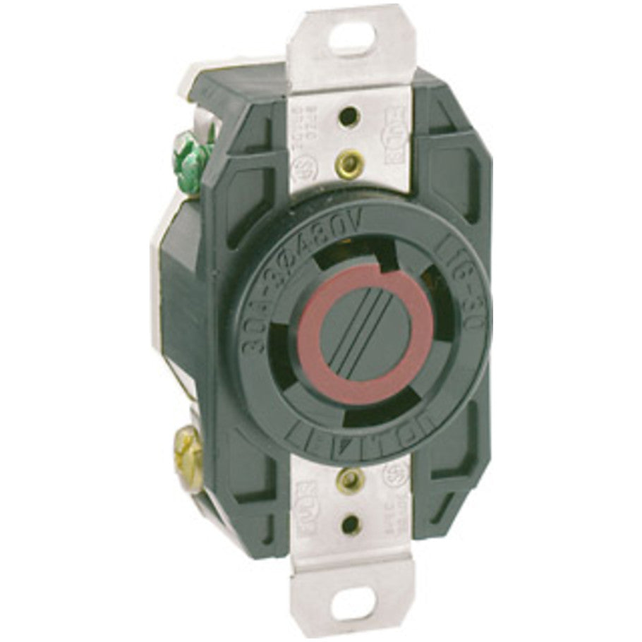 V-0-MAX Industrial Grade Locking Single Receptacle, 30A, 3-Phase 480V, 3P4W, NEMA L16-30R, Flush Mount, Black