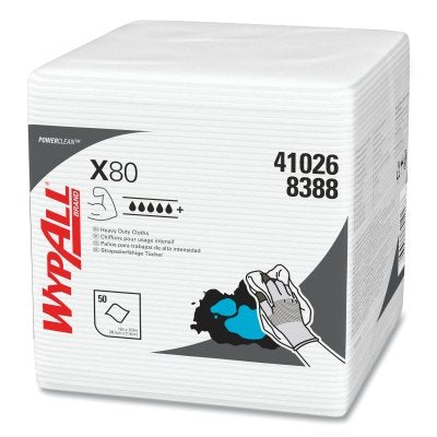 X80 Heavy-Duty Cloth, White, 12.5 in W x 12 in L, 50 Sheets/PK, 1/4 Fold