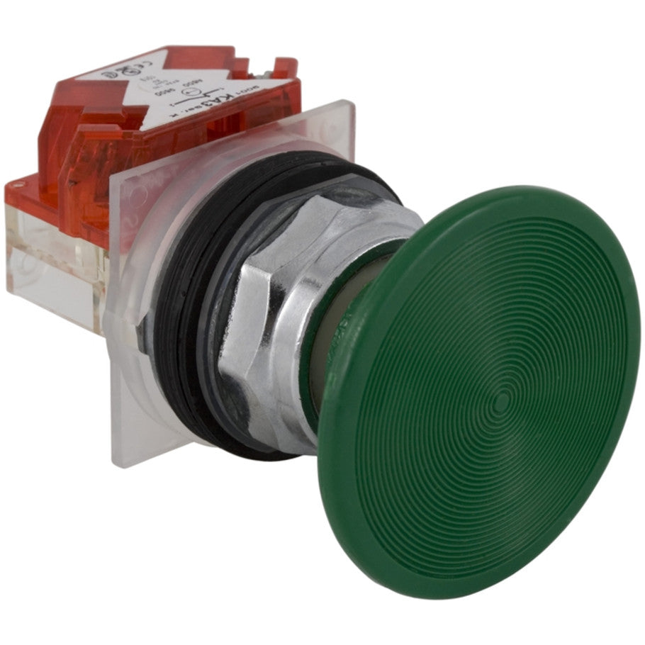 Non-Illuminated 30mm Pushbutton Operator, Momentary, No Contacts, 2-1/4 in. Diameter Screw-On Plastic Mushroom Button, Green
