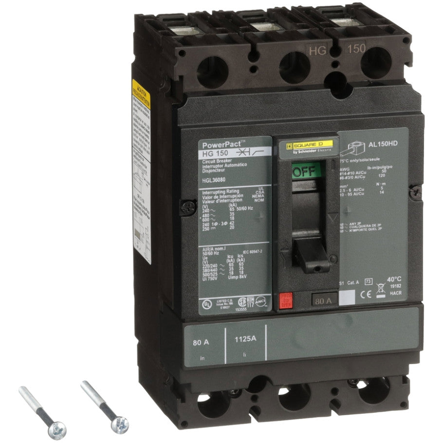 PowerPact Molded Case Circuit Breaker, H-Frame, Unit Mount, 18 kA, 600V, 3-Pole, 80A