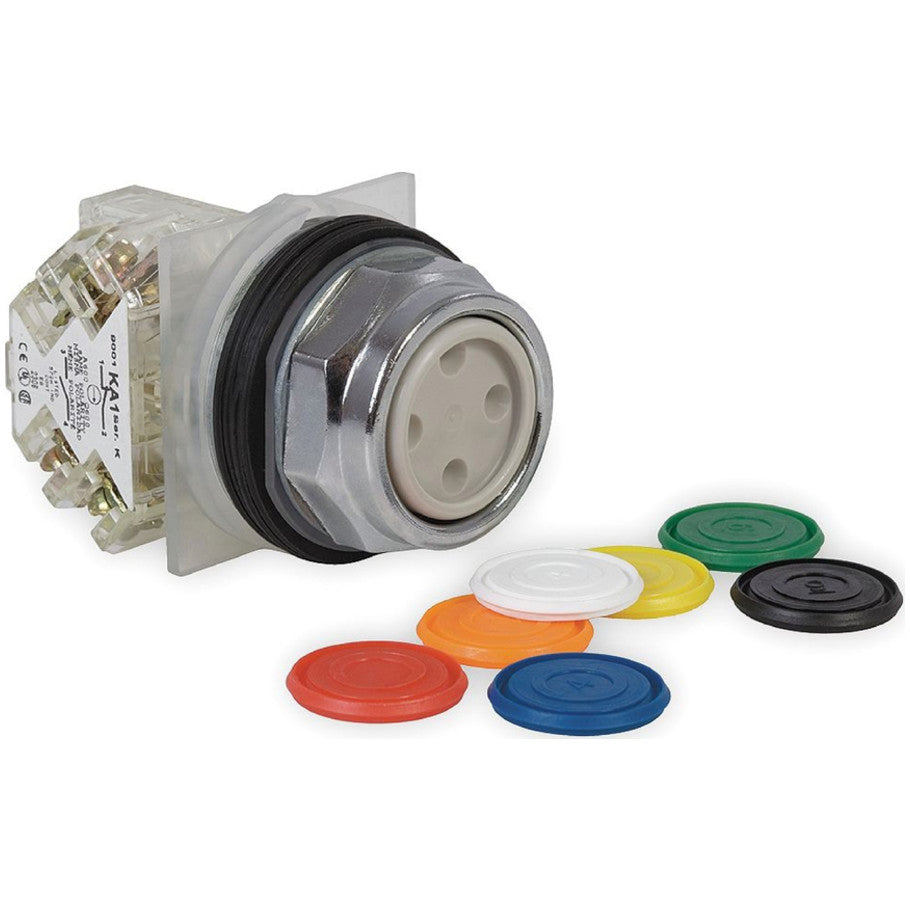 Non-Illuminated 30mm Pushbutton Operator, Momentary, 1NO/1NC Contact, Full Guard, Universal (7-Color) Pushbutton Head