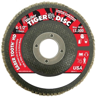Tiger Saber Tooth Ceramic High Density Flap Disc, 4-1/2 in dia, 40 Grit, 7/8 in Arbor, 13000 RPM, Type 27