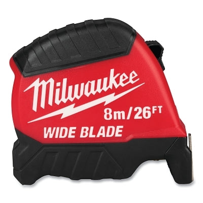Wide Blade Tape Measure, 8 m/26 ft, Metric/SAE, Red/Black