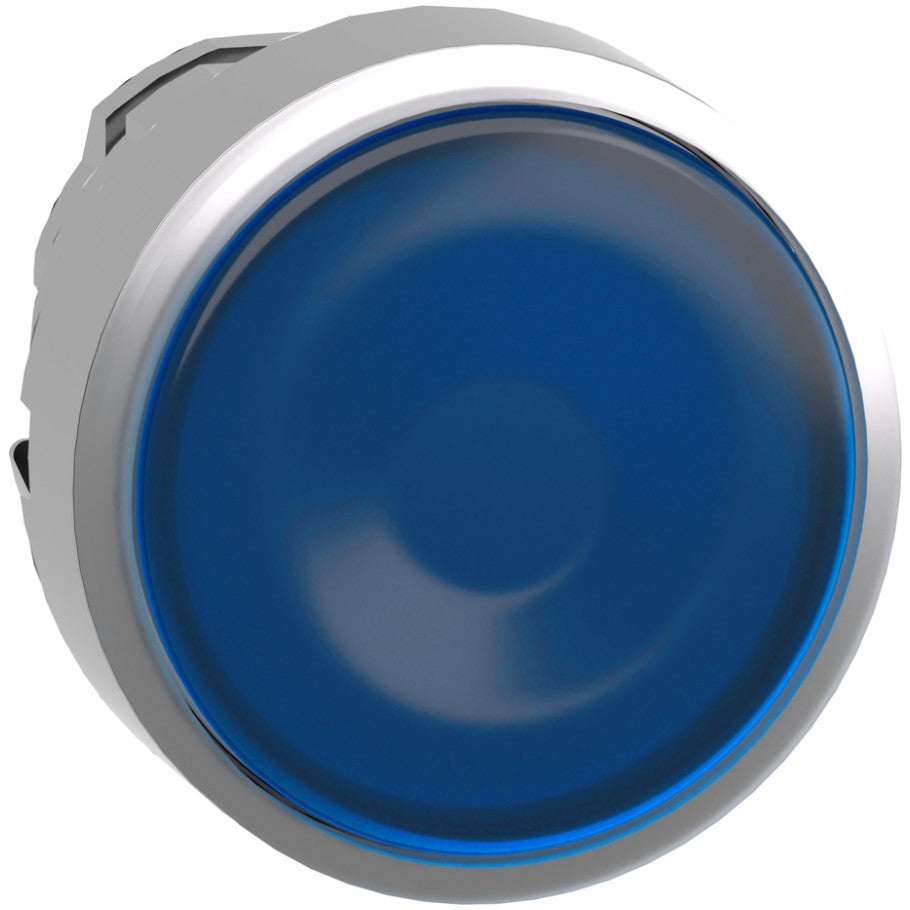 Head for illuminated push button, Harmony XB4, metal, blue flush, 22mm, universal LED, spring return, plan lens, unmarked