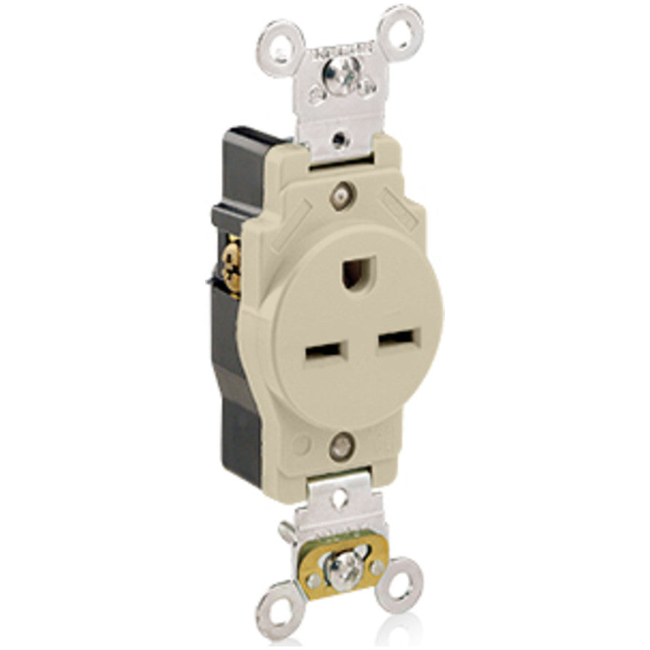 Straight Blade Single Receptacle, 15A, 250V, 2P3W, NEMA 6-15R, Self-Grounding, Back and Side Wired, Ivory