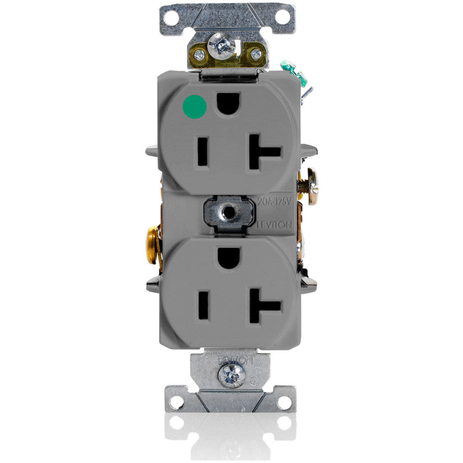 Duplex Receptacle, Heavy Duty Hospital Grade, Self-Grounding, Smooth Face, 20A, 125V, 2P3W, NEMA 5-20R, Gray