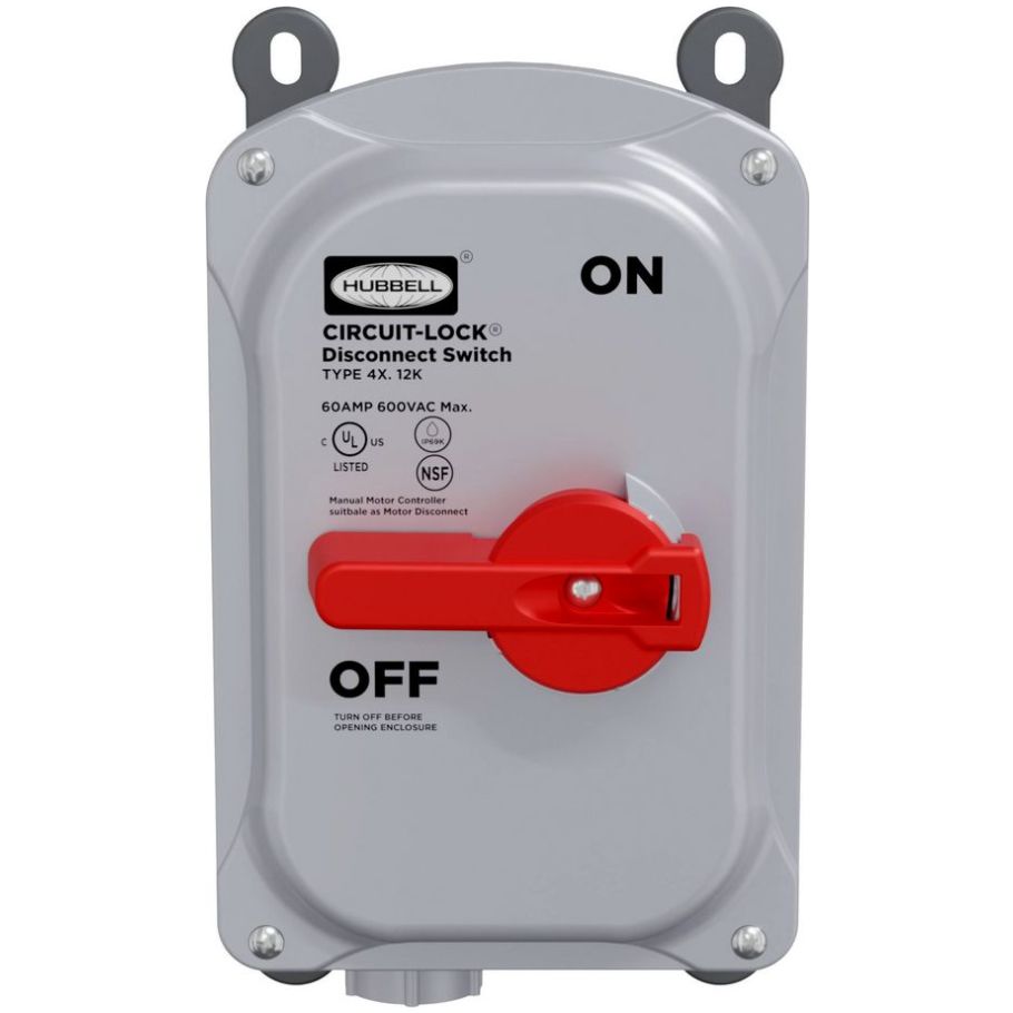 Industrial Grade, Motor Disconnect, 3 Pole, 30A 600V AC, Screw Terminals, NEMA Type 4X, 12 Non-Metallic Sloped Top Enclosure