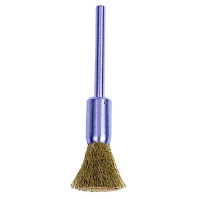Miniature Wire End Brush, Brass, 1/4 in Brush dia, 0.005 in Bristle dia, 1-1/4 in Stem L, 37000 rpm