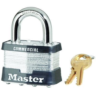 No. 5 Laminated Steel Padlock, 3/8 in dia x 15/16 in W x 1 in H Shackle, Silver/Gray, Keyed Different