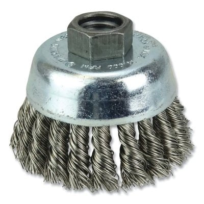 Wolverine Knot Wire Cup Brush, 3 in dia, 5/8-11 arbor, 0.020 in wire, Stainless Steel