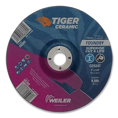 Tiger Grinding Wheel, 7 in dia x 1/4 in Thick x 7/8 in Arbor, 24 Grit, Ceramic Alumina, Type 27, 10 EA/BX