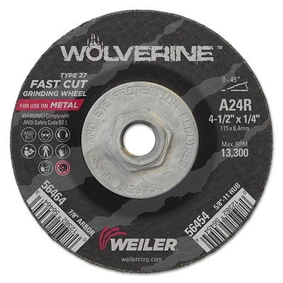 Wolverine Grinding Wheel, 4-1/2 in dia x 5/8 in-11 UNC Arbor x 1/4 in Thick, AO, 24R