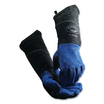 1508 18 in Cow Split Fleece Lined MIG/Stick Welding Gloves, One Size, Black/Blue, 18 in Scalloped Cuff