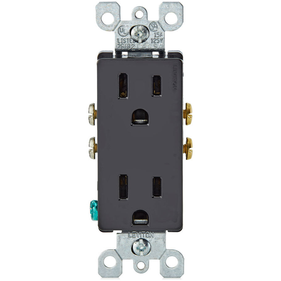 Decora Straight Blade Duplex Receptacle, 15A, 125V, 2P3W, NEMA 5-15R, Quickwire and Side Wired, Black