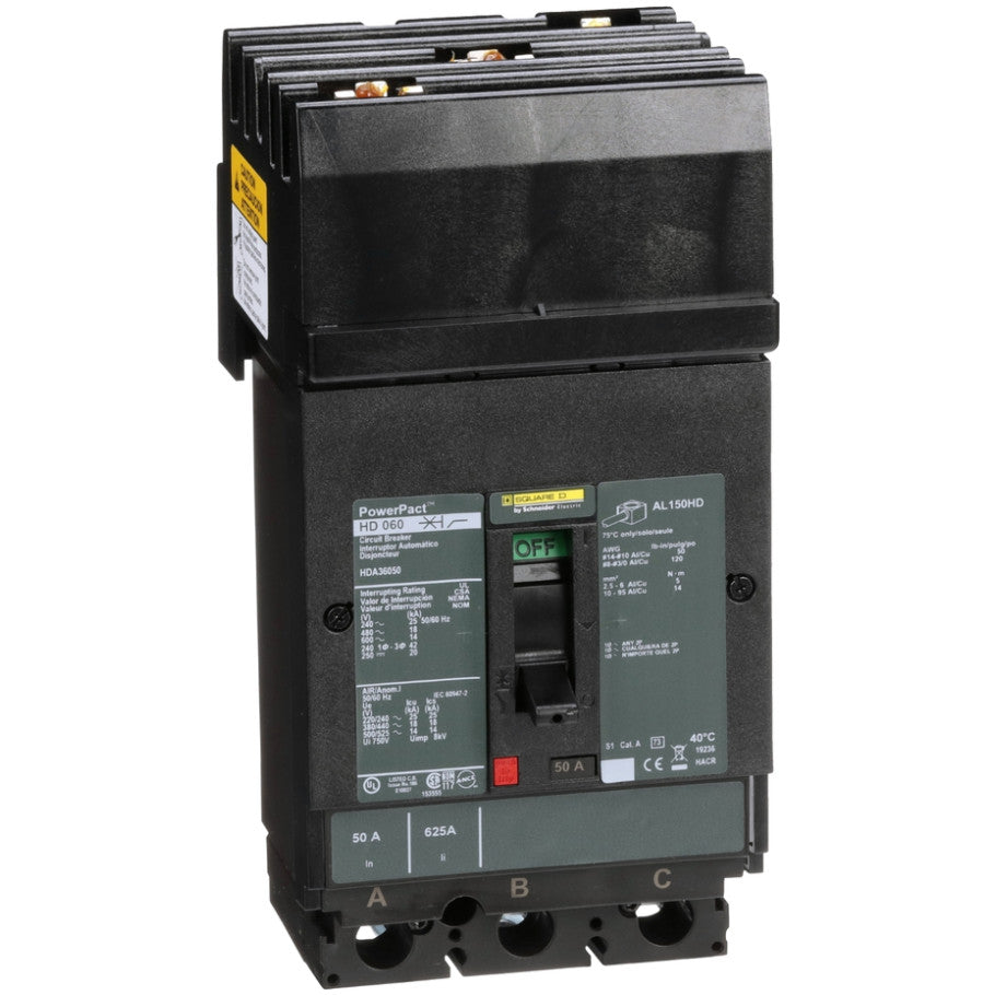 PowerPact I-Line Circuit Breaker, H-Frame, Thermal Magnetic, 50A, 3-Pole, 600V, 14kA