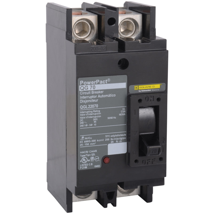 PowerPact QGL Series Molded Case Circuit Breaker, 225A, 240V ac, 2-Pole, Unit Mount, 6.47 H x 4.5 W x 3.93 D in.