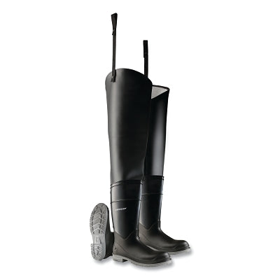 Hip Waders, Plain Toe, Steel Shank, Men's 9, 32 in Inseam, Polyblend/PVC, Black