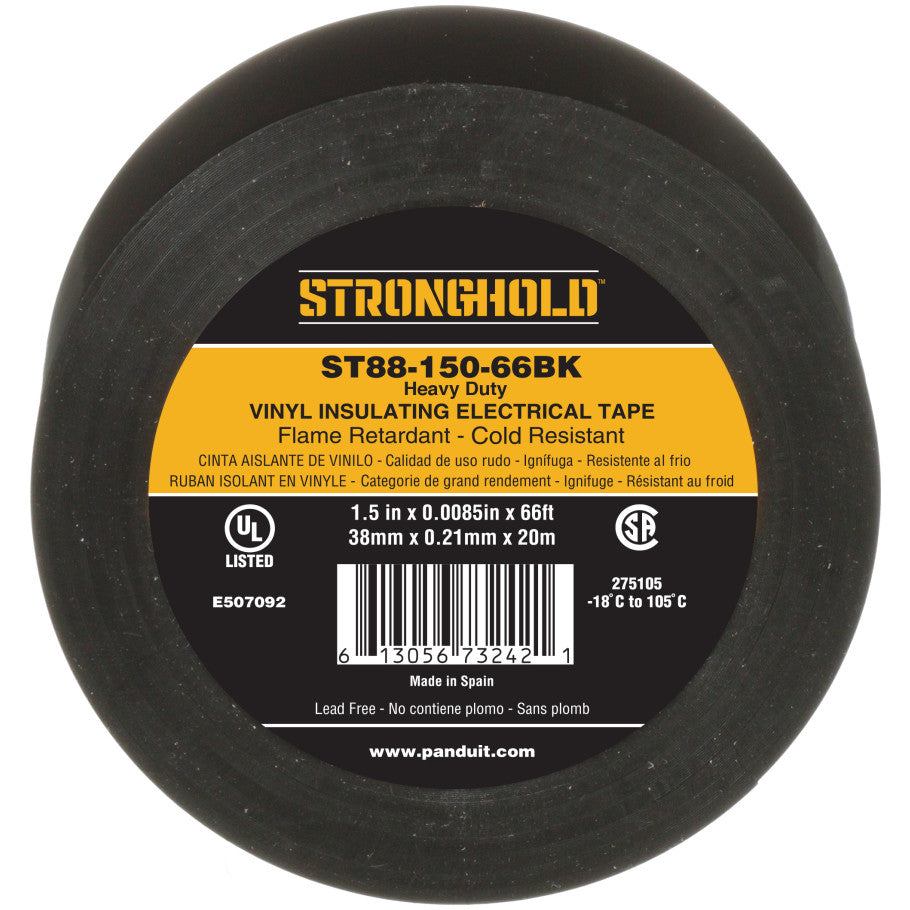 StrongHold ST88-150-66BK Electrical Tape, Black, PVC, Heavy Duty, 1.5", 0.0085"