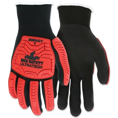 UT1950 UltraTech Impact Level 1 Mechanics Knit Gloves, Small, Hi-Vis Red TPR, Black Coating/Shell