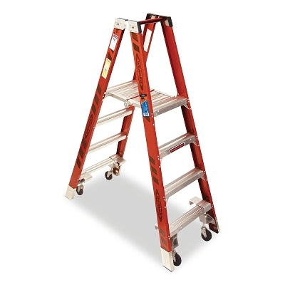 Platform Ladder, PT7404-4C, Twin Platform, Type IA, 4 ft L, 10 ft Reach, 300 lb Load Capacity, w/Casters, Fiberglass, Orange